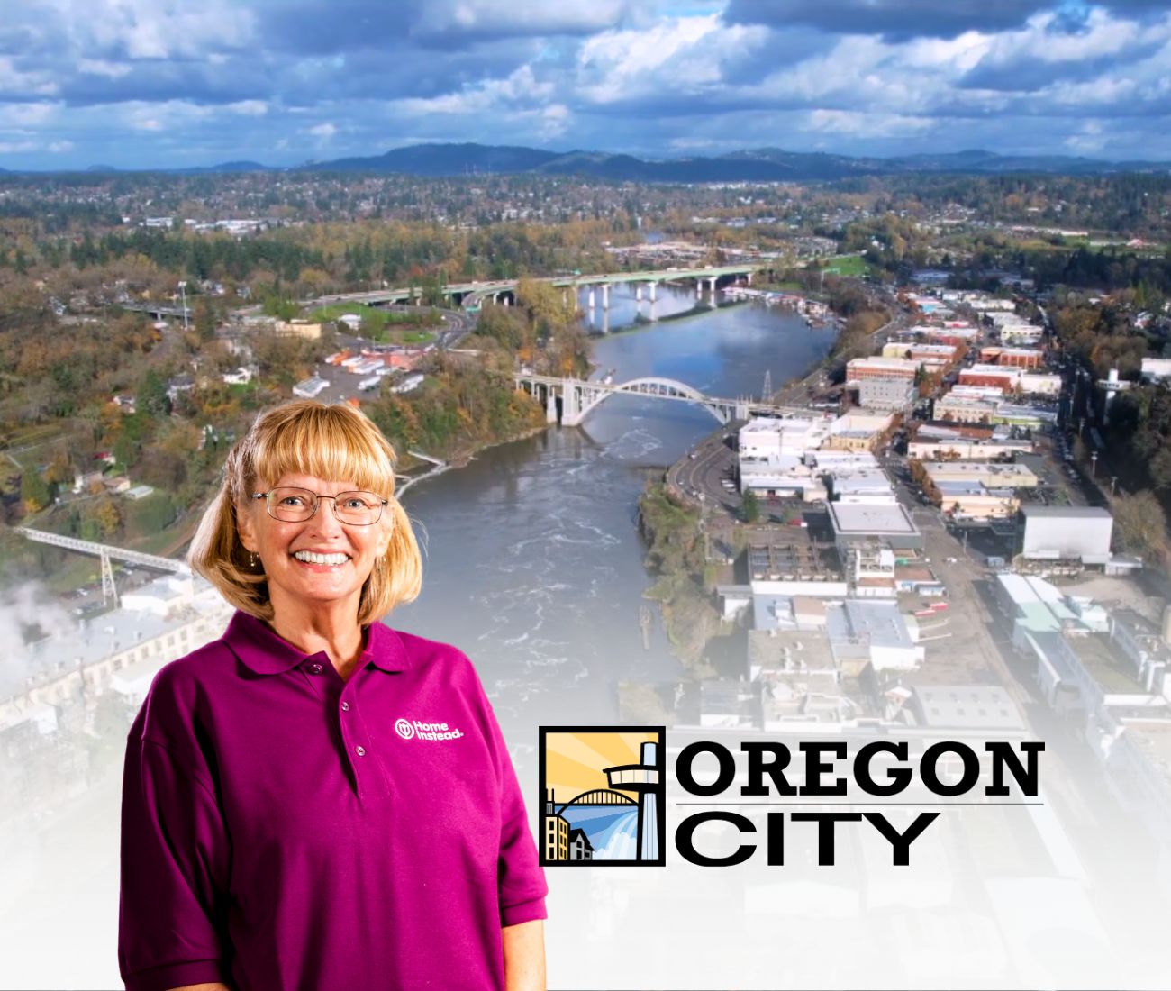home instead caregiver with Oregon City, Oregon in the background