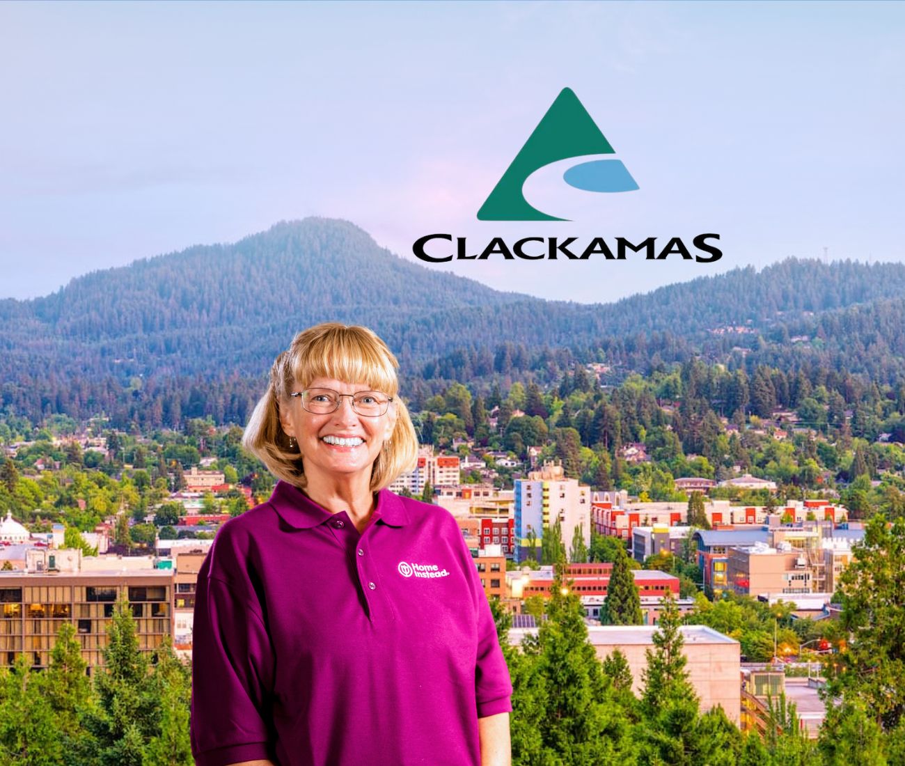 home instead caregiver with clackamas oregon in the background