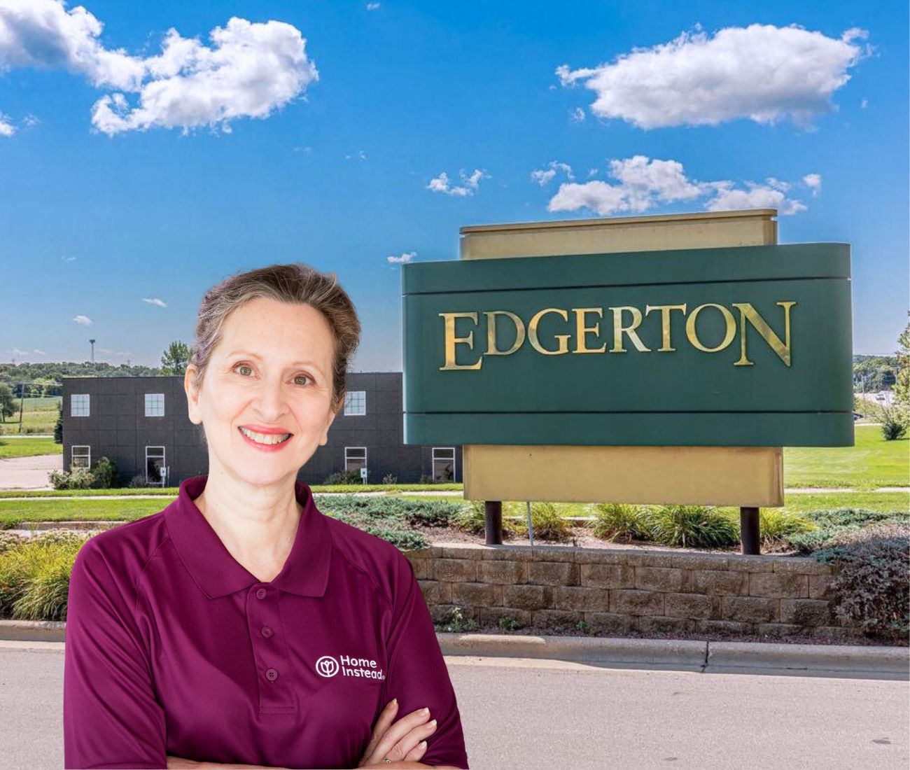 Home Instead caregiver with Edgerton Wisconsin in the background