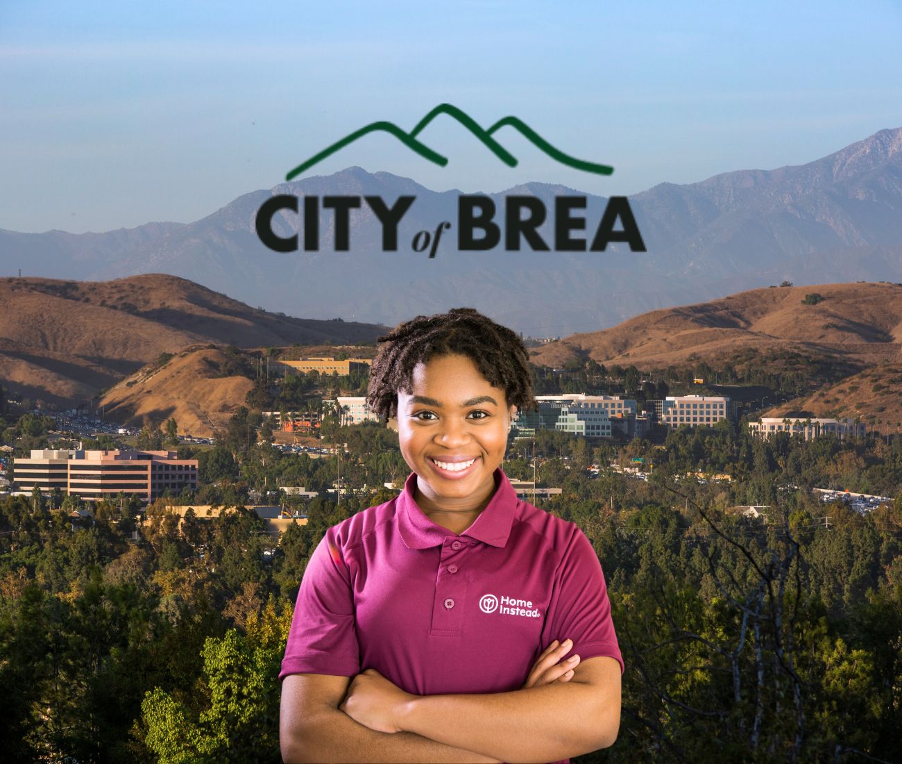 home instead caregiver with brea california in the background