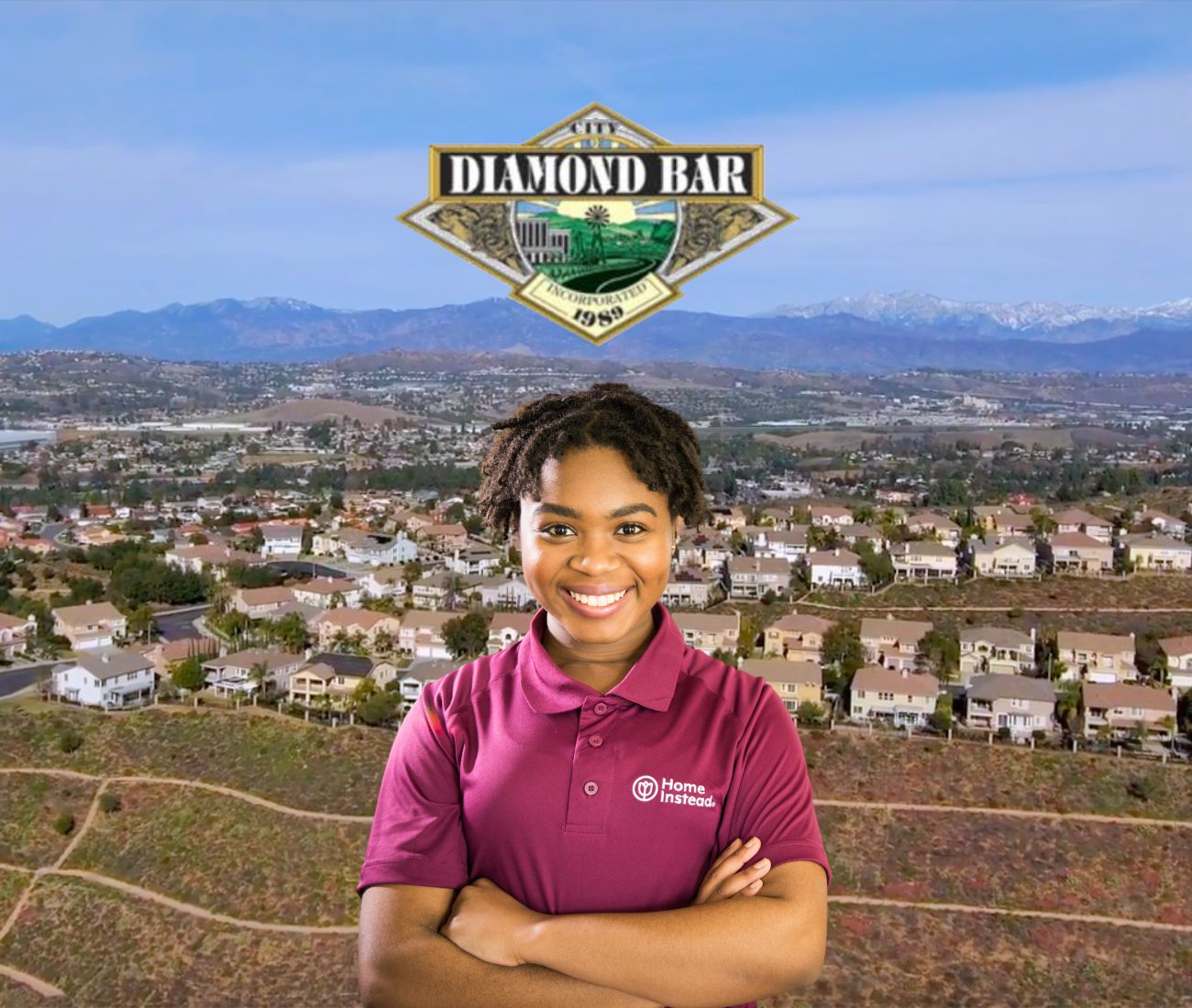 home instead caregiver with diamond bar california in the background