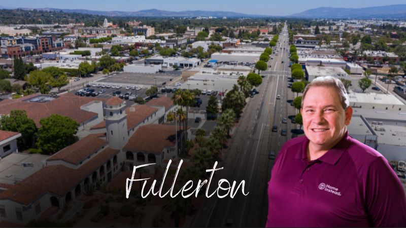 home instead caregiver with fullerton california in the background