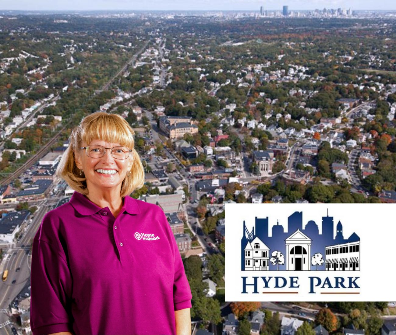 Home Instead caregiver with Hyde Park Massachusetts in the background