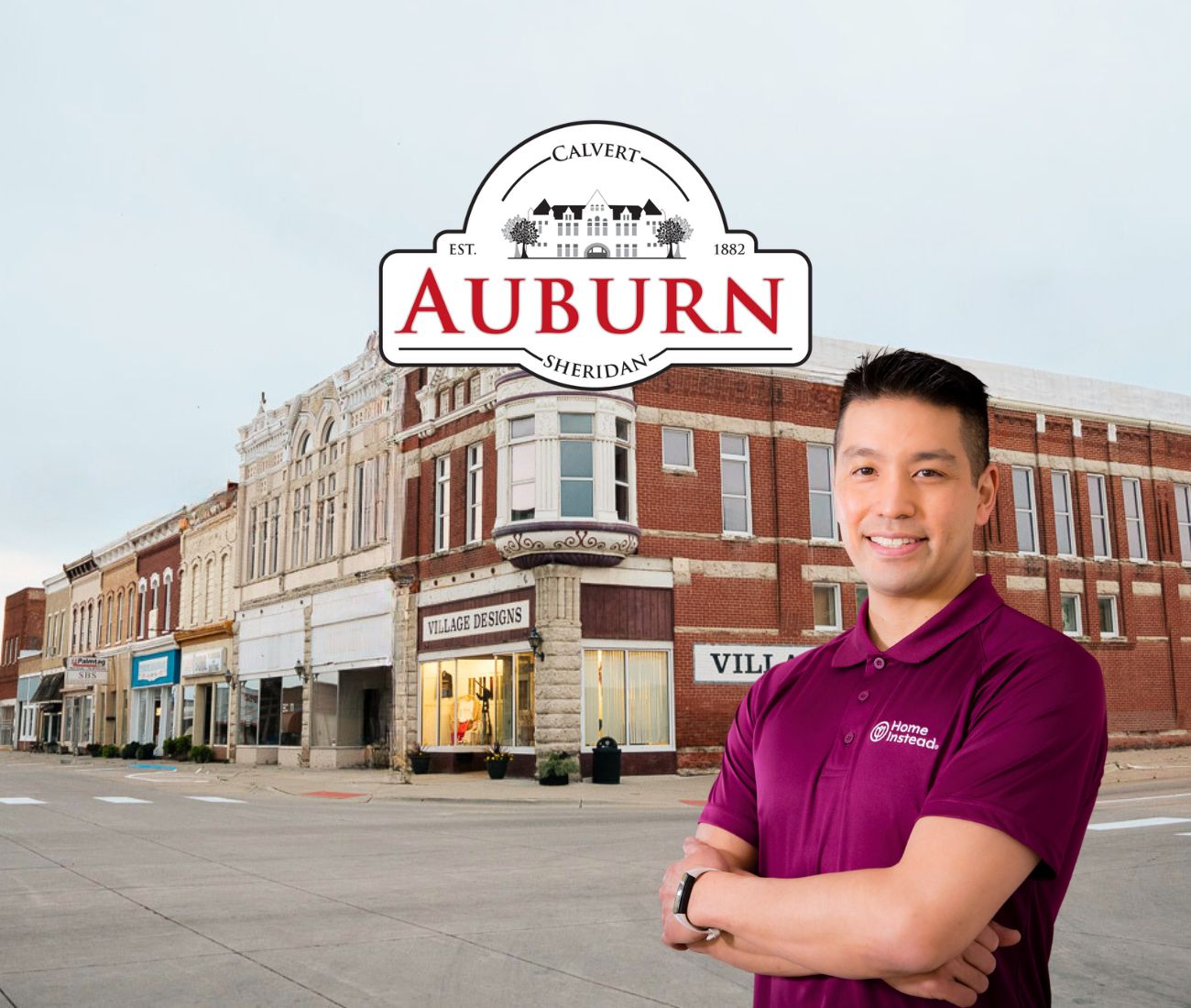 Home Instead caregiver with Auburn Nebraska in the background