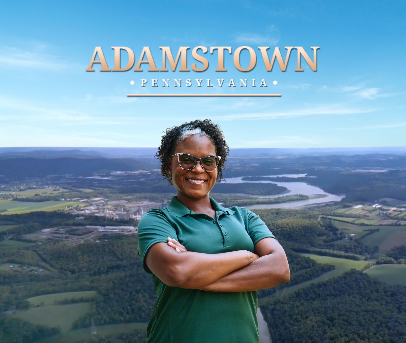 Home Instead caregiver with Adamstown Pennsylvania in the background