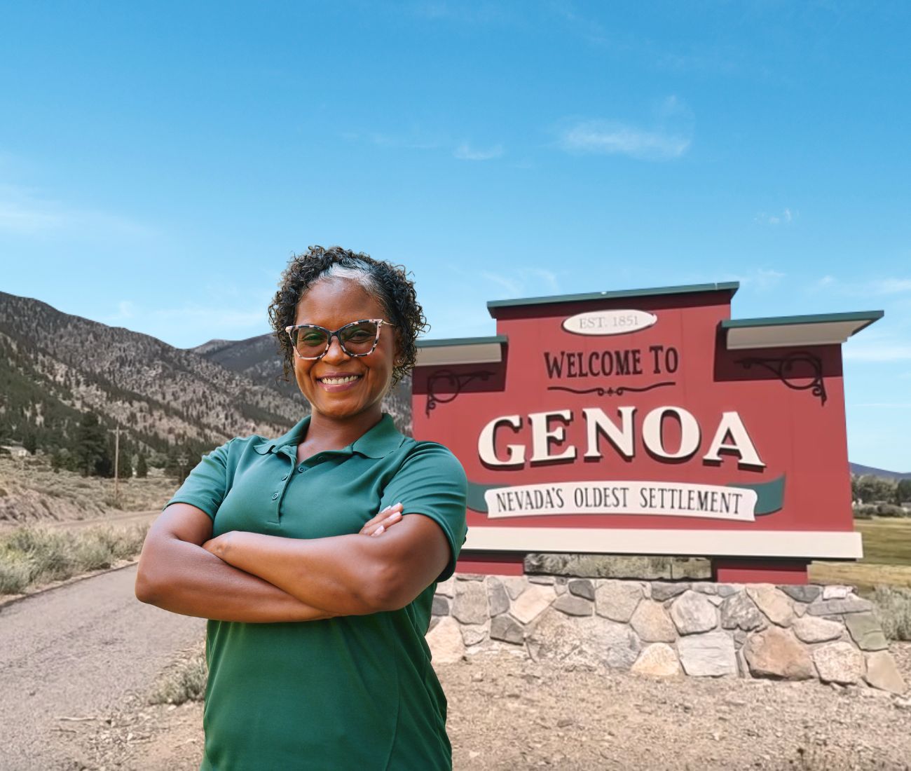 Home Instead caregiver with Genoa, NV in the background