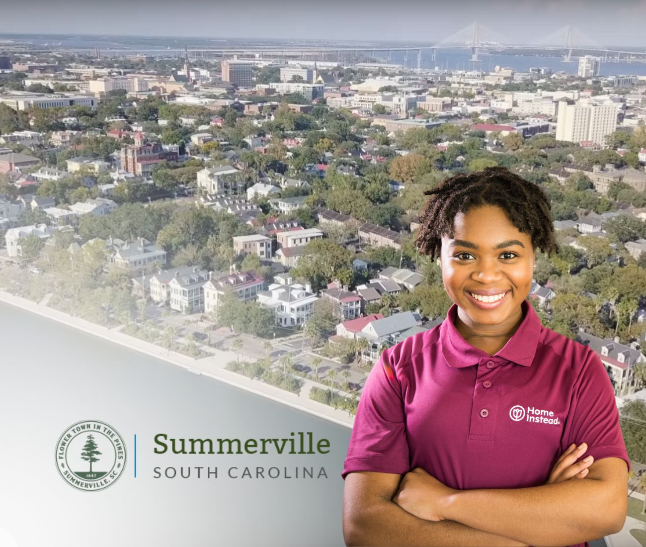 Home Instead caregiver with Summerville, South Carolina in the background