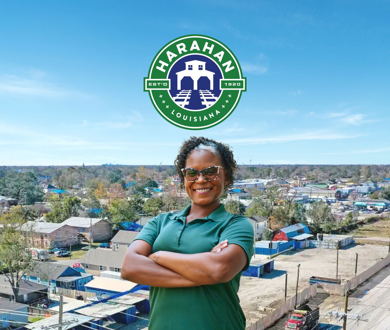 Home Instead caregiver with Harahan Louisiana in the background