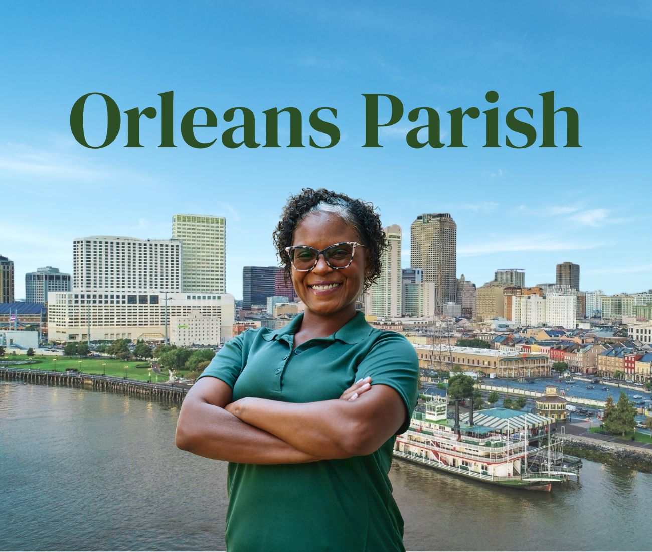 Home Instead caregiver with Orleans Parish Louisiana in the background