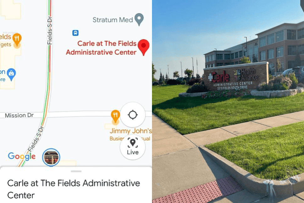Google Map of the location of the adminstrative building fo Carle at the Fields and a photo of the outside.png