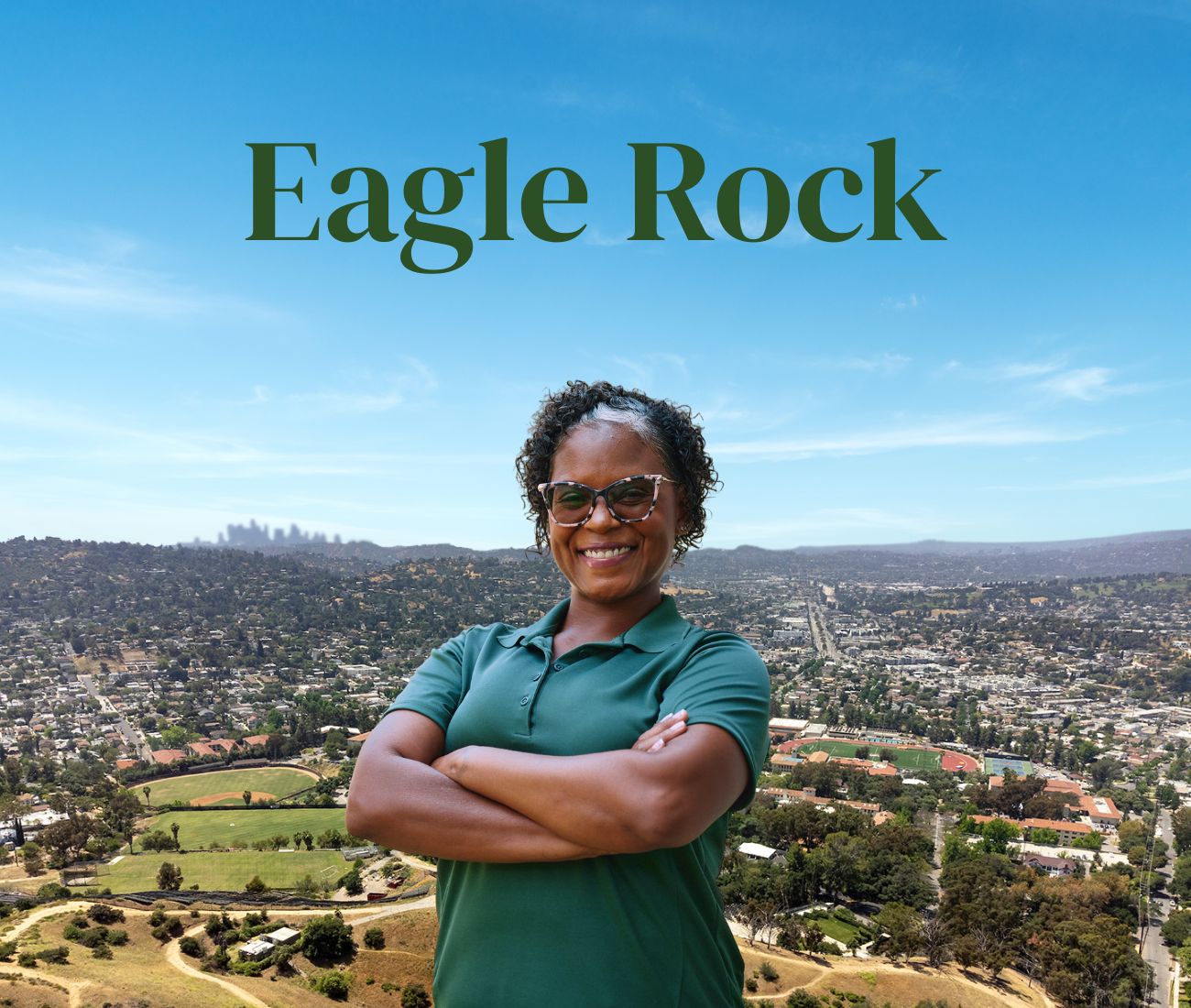 Home Instead caregiver with Eagle Rock, California in the background