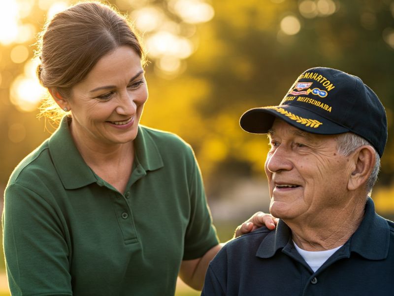 Home Instead caregiver with veteran senior client