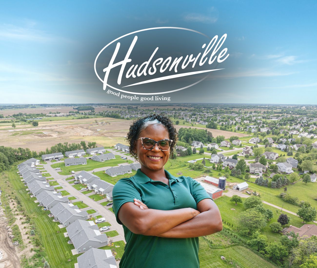 Home Instead caregiver with Hudsonville, MI in the background