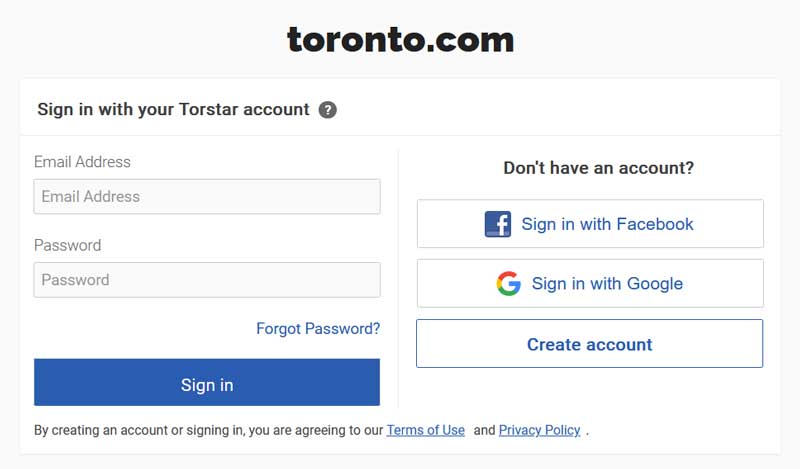 login process to the Toronto dot com website