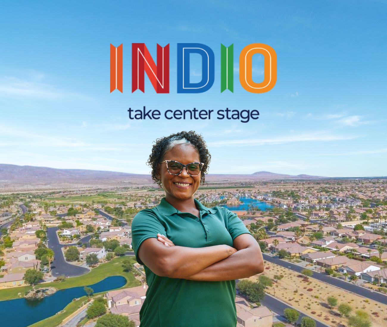 Home Instead caregiver with Indio California in the background