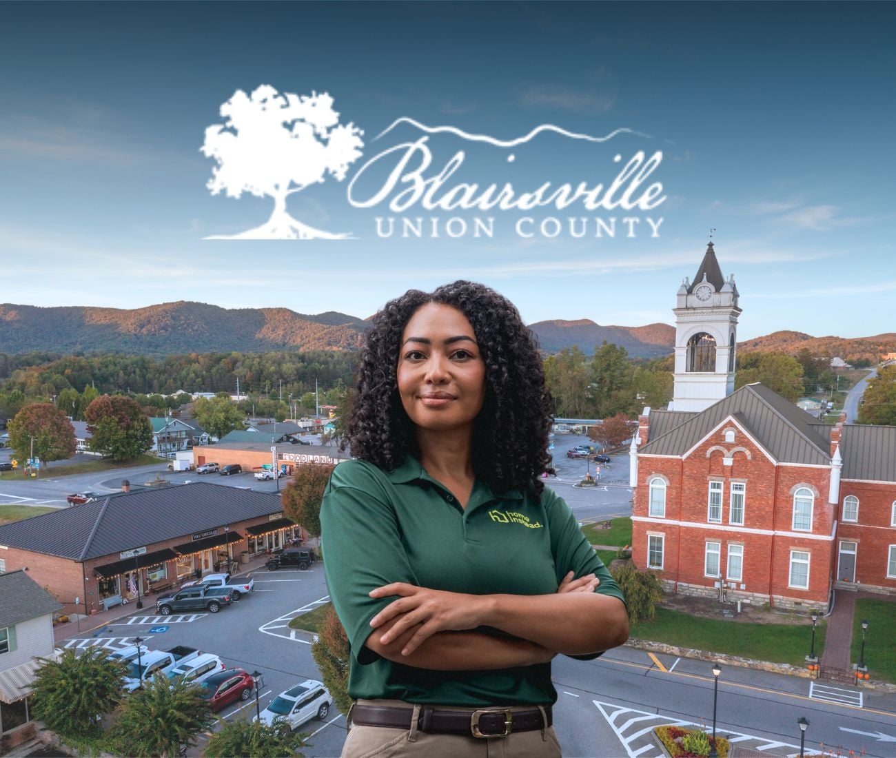 Home Instead caregiver with Blairsville, GA in the background