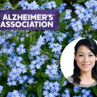field of forget-me-not flowers with headshot of Home Instead owner shannon chan at alzheimers association logo