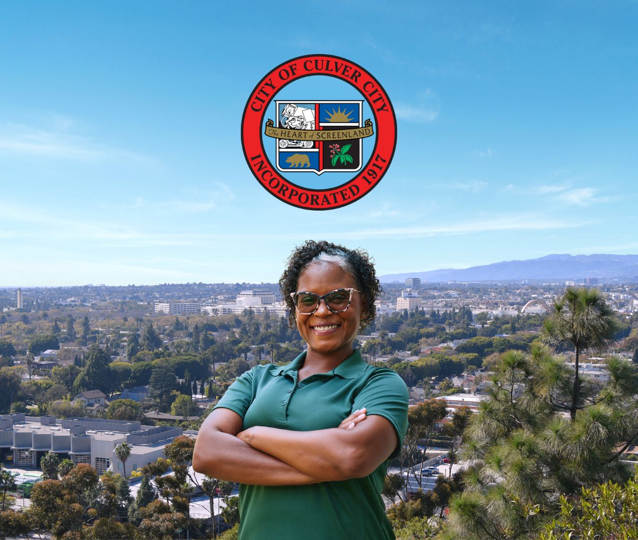 Home Instead caregiver with Culver City California in the background