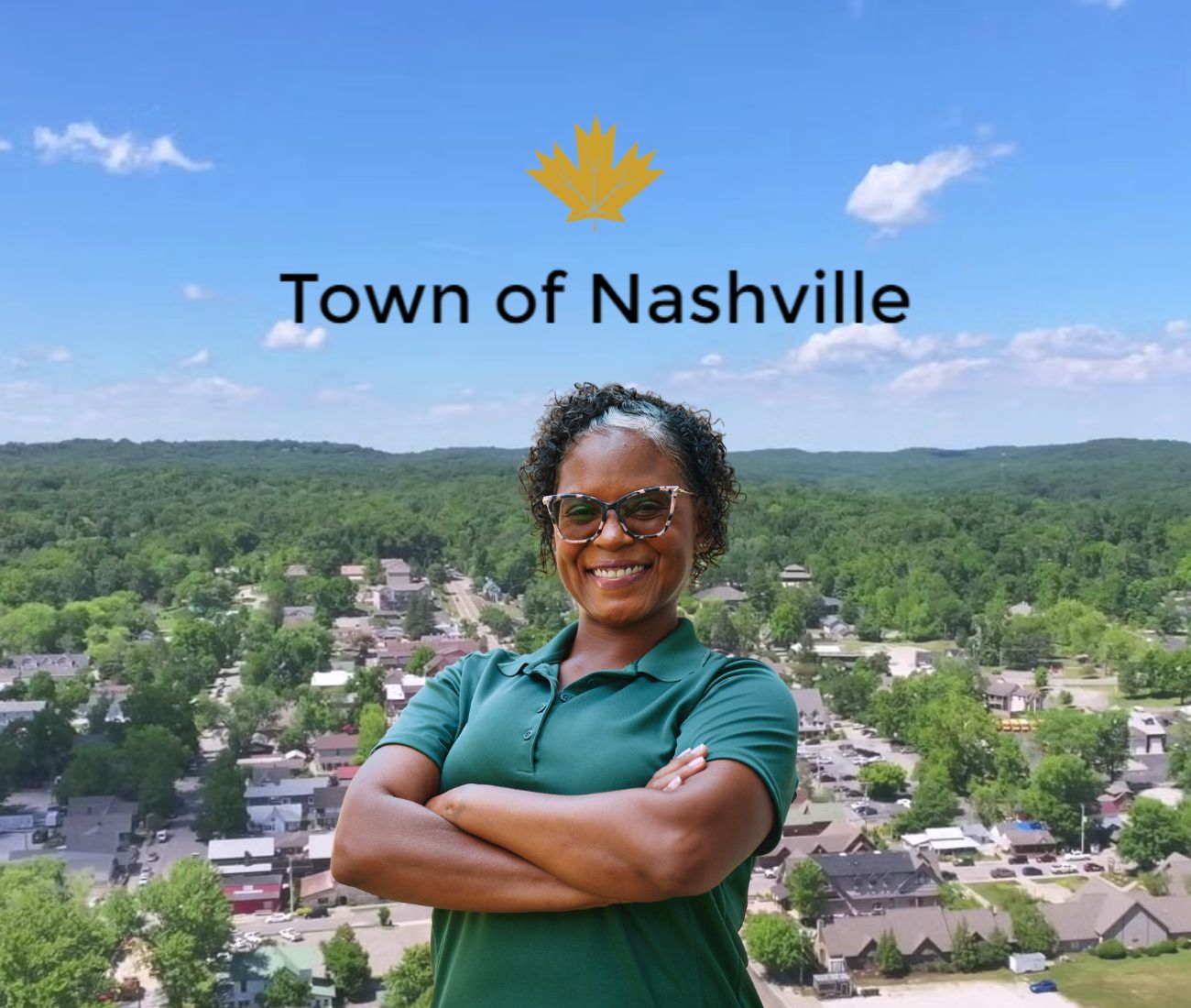 Home Instead caregiver with Nashville, Indiana in the background