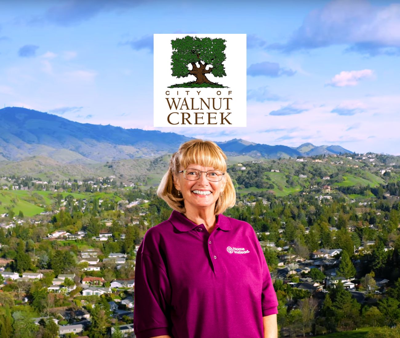 Home Instead caregiver with Walnut Creek, California in the background