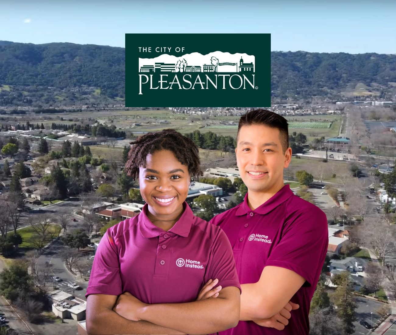 Home Instead caregivers with Pleasanton, California in the background