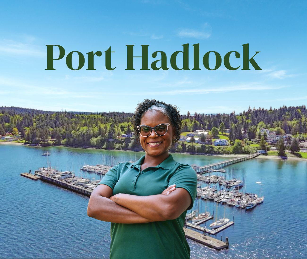 Home Instead caregiver with Port Hadlock, WA in the background