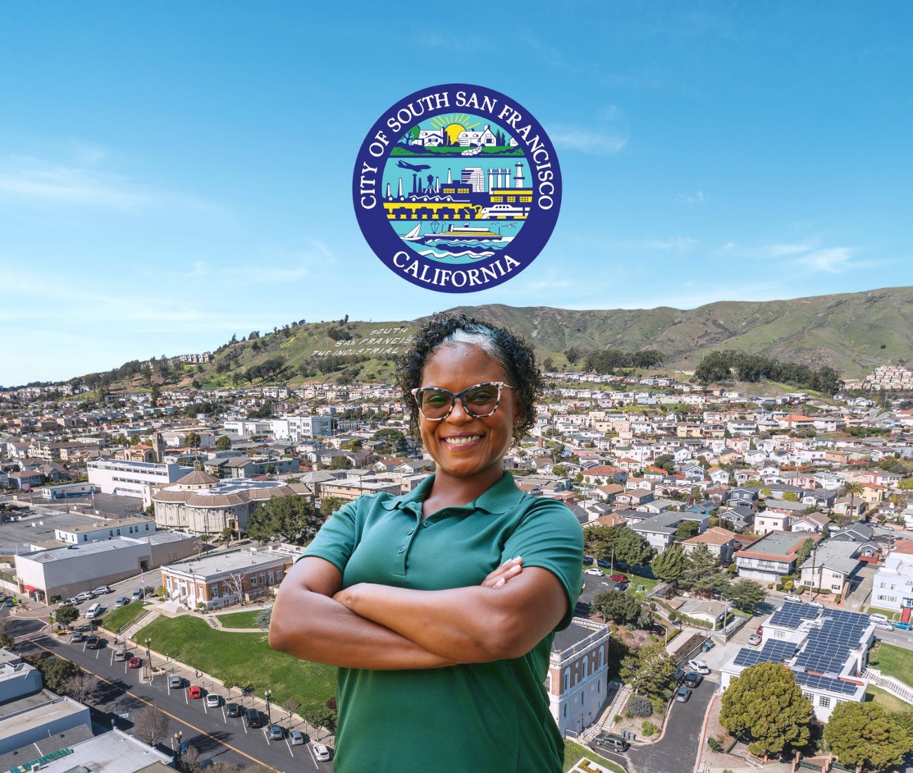 Home Instead caregiver with South San Francisco, CA in the background