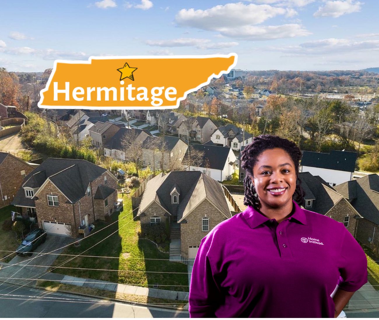 Home Instead caregiver with Hermitage Tennessee in the background