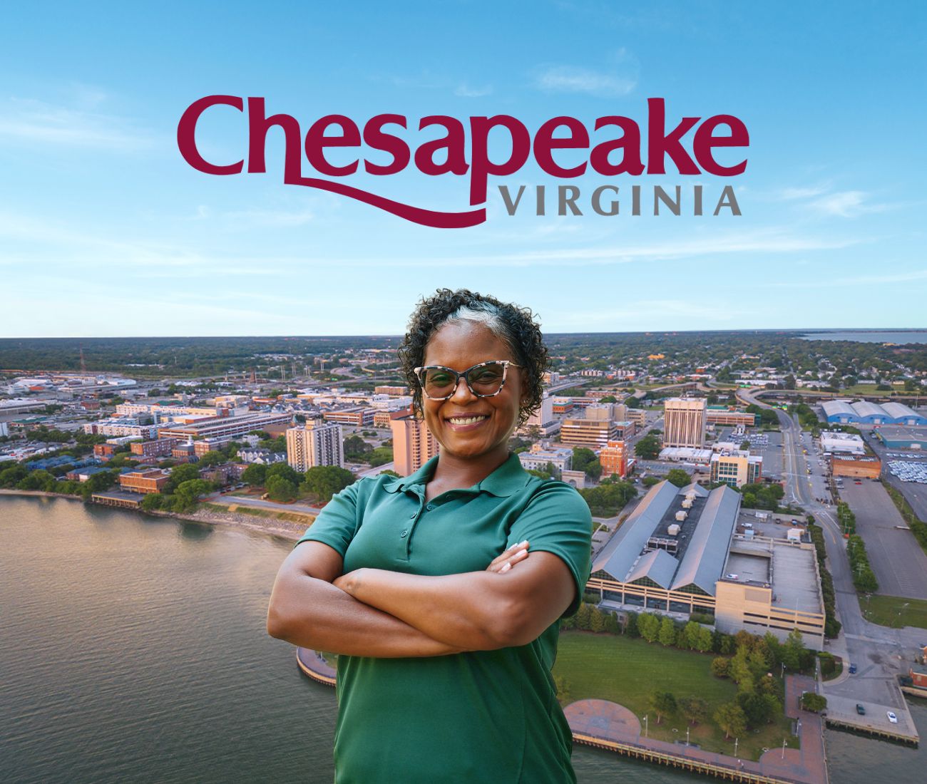 Home Instead caregiver with Chesapeake, VA in the background