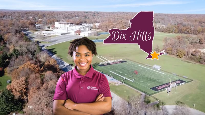 Home Instead caregiver with Dix Hills New York in the background