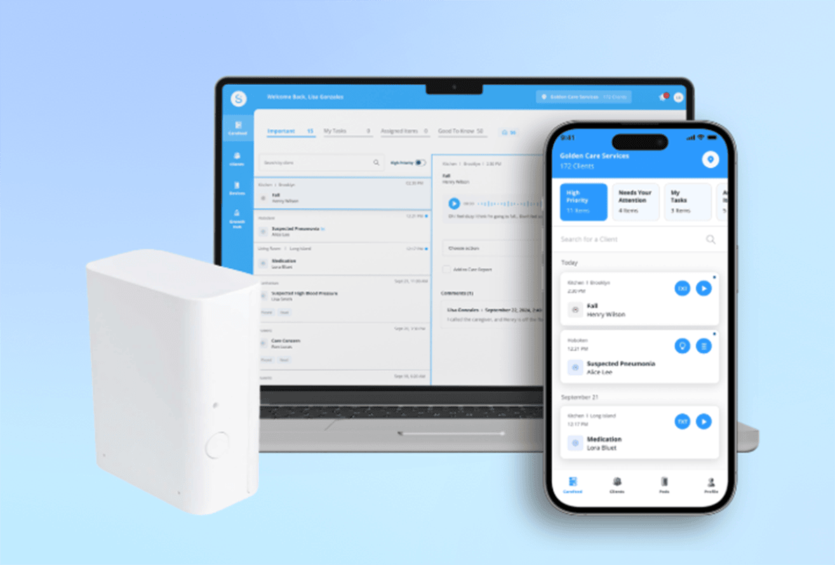 Virtual Care 24 7 Assistant Device and Dashboard on a Computer and Phone