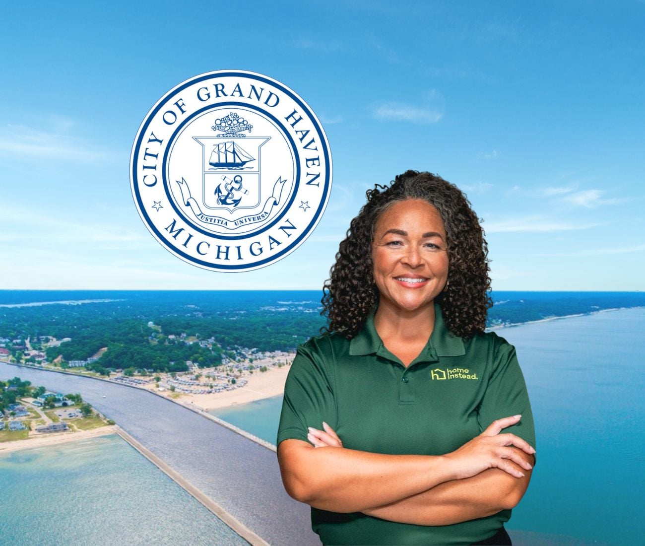 Home Instead caregiver with Grand Haven, MI in the background