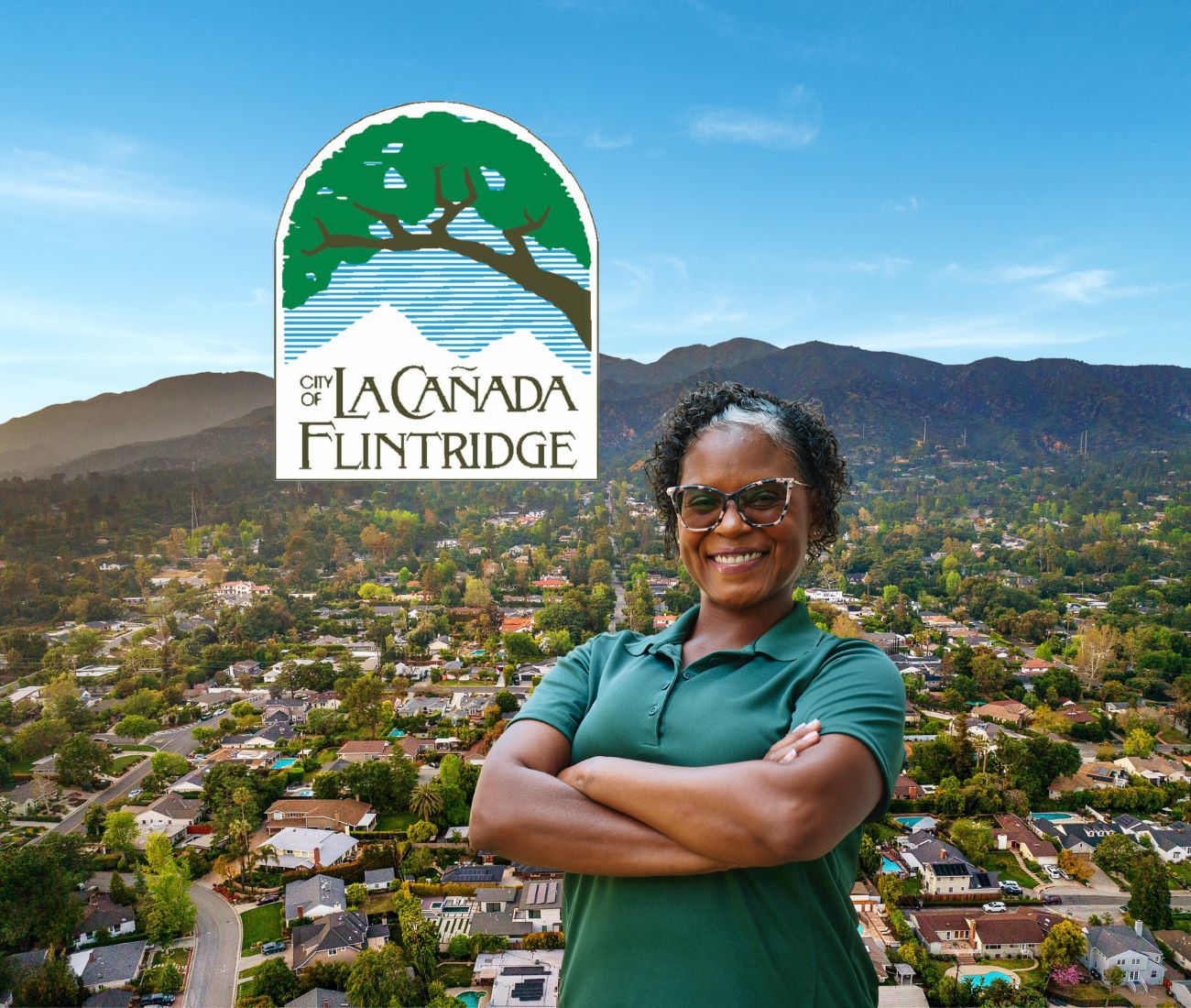 Home Instead caregiver with La Canada-Flintridge, CA in the background