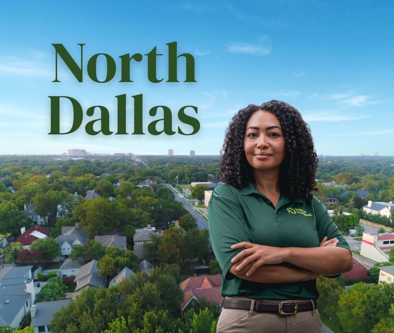 home instead caregiver with North Dallas, TX in the background