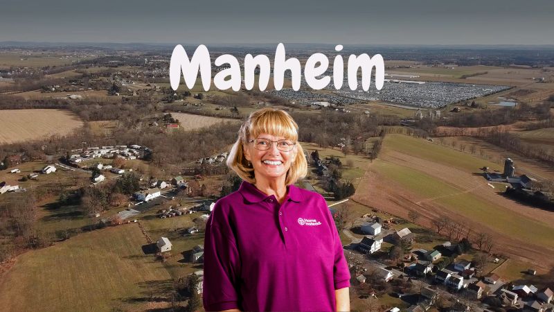 Home Instead caregiver with Manheim Pennsylvania in the background