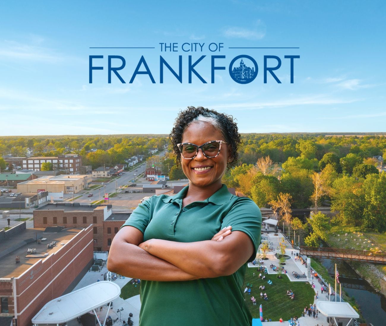 Home Instead caregiver with Frankfort, IN in the background