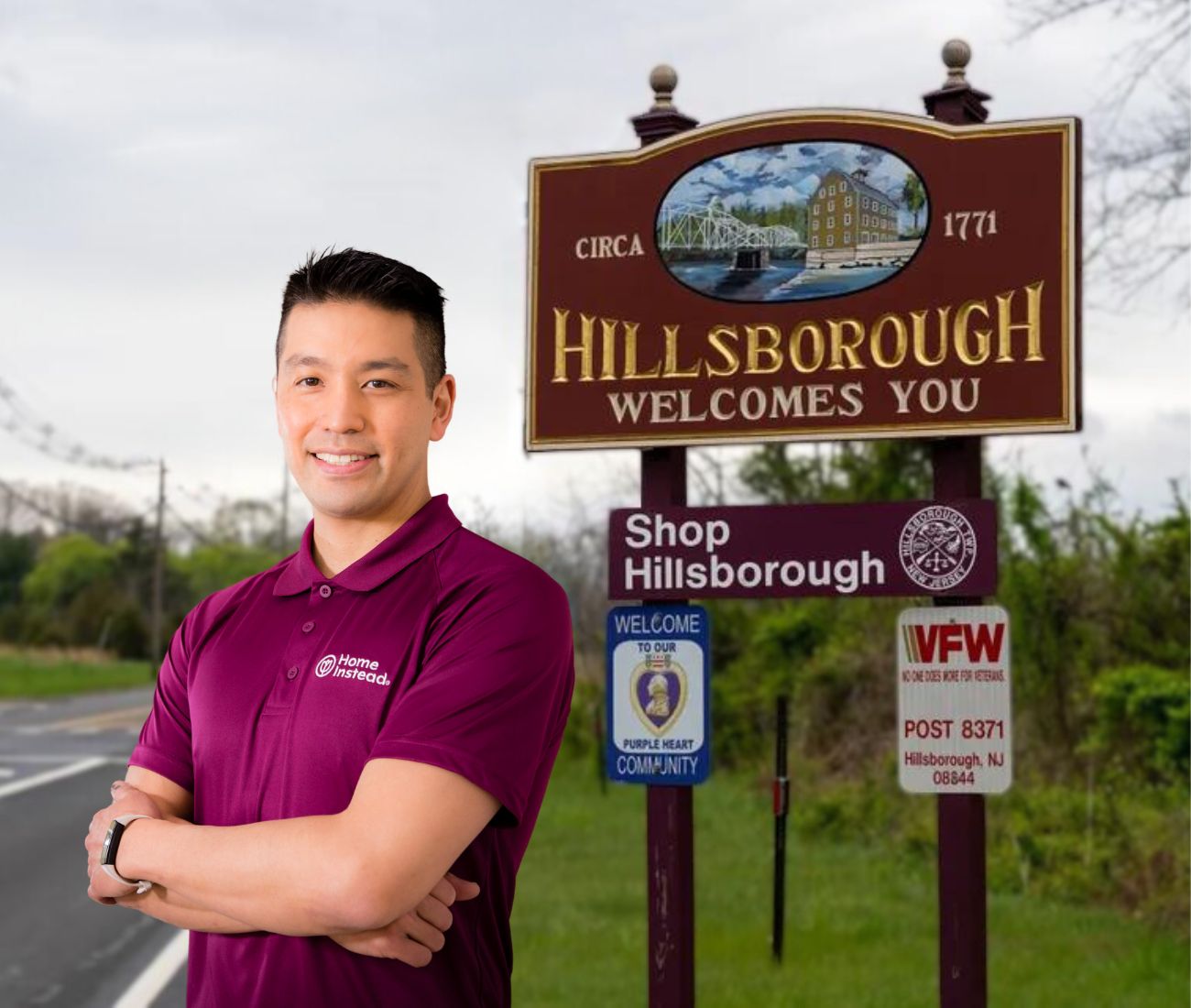 Home Instead caregiver with Hillsborough, New Jersey in the background