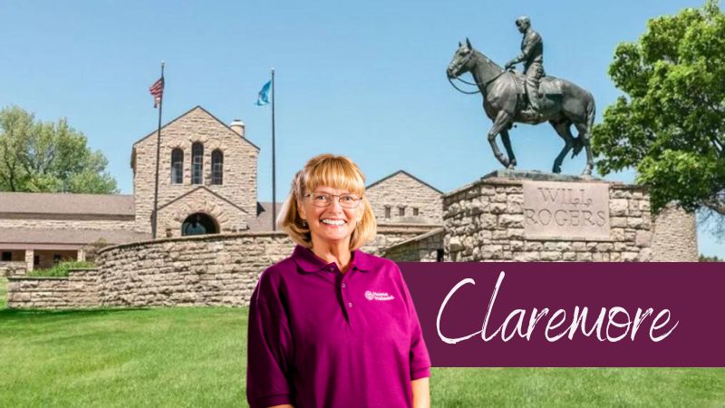 Home Instead caregiver with Claremore Oklahoma in the background