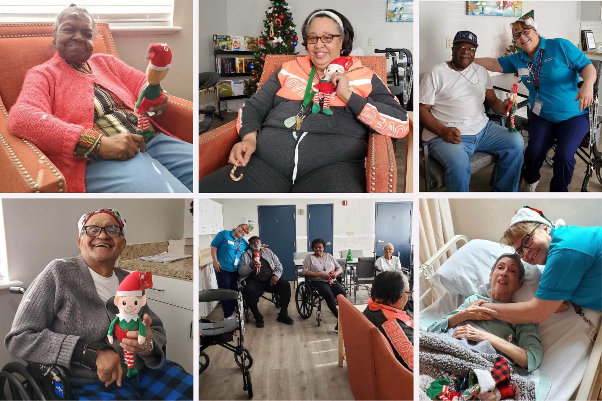 Home Instead Spreads Joy With Festive Elf Delivery for Seniors in Newsport News, VA collage