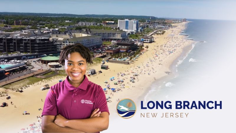 Home Instead caregiver with Long Branch, New Jersey in the background
