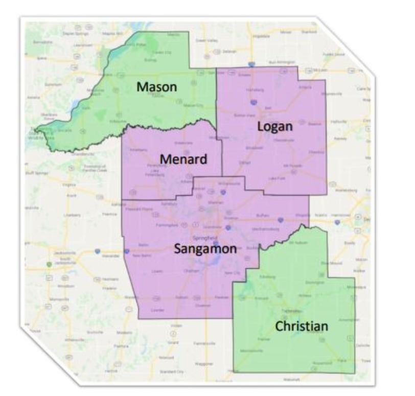 Map showing area including Mason, Menard, Sangamon and Christian counties