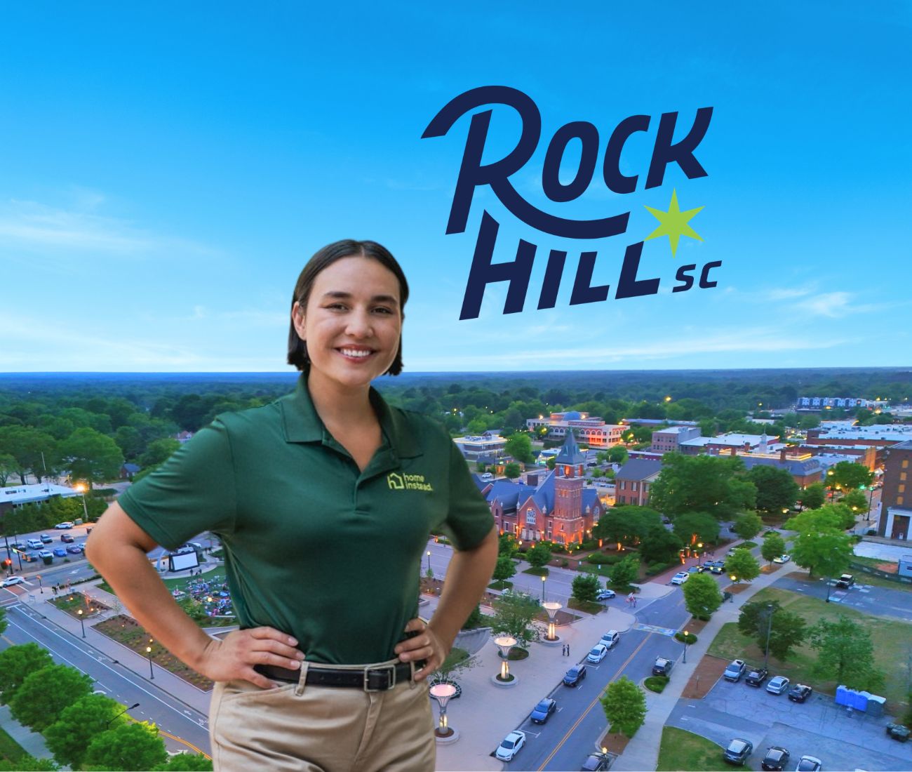 Home Instead caregiver with Rock Hill, South Carolina in the background