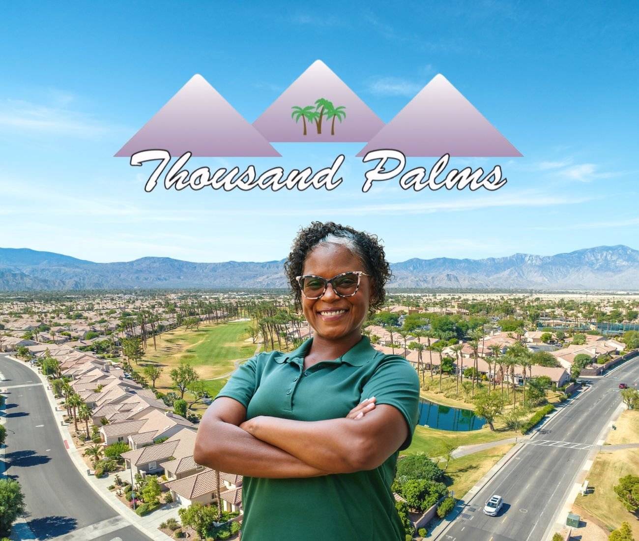 Home Instead caregiver with Thousand Palms, CA in the background