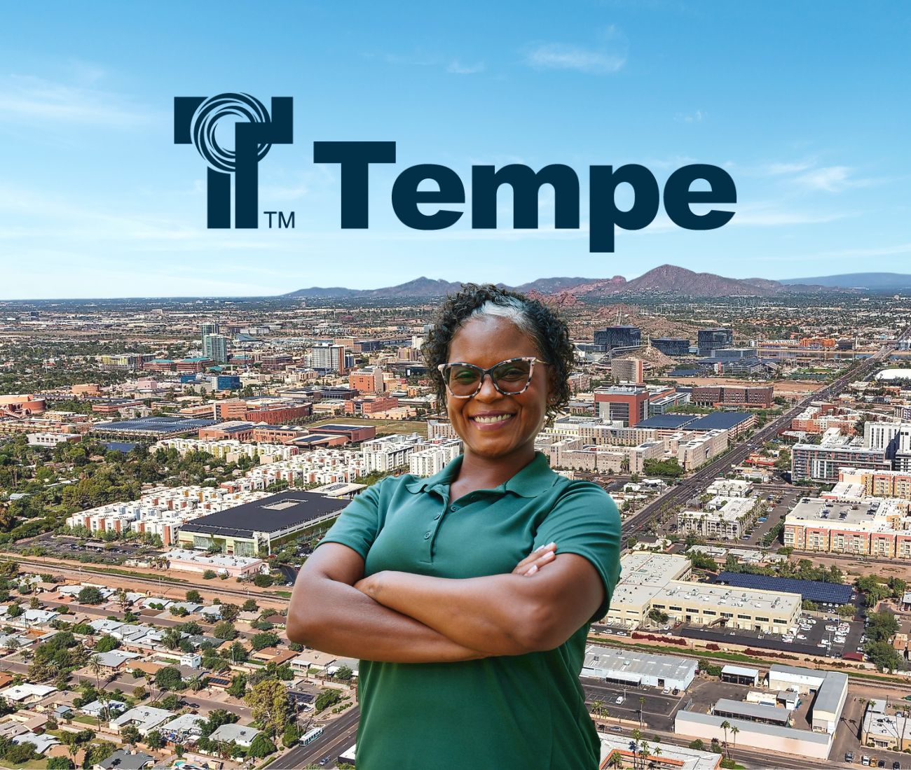 Home Instead caregiver with Tempe Arizona in the background