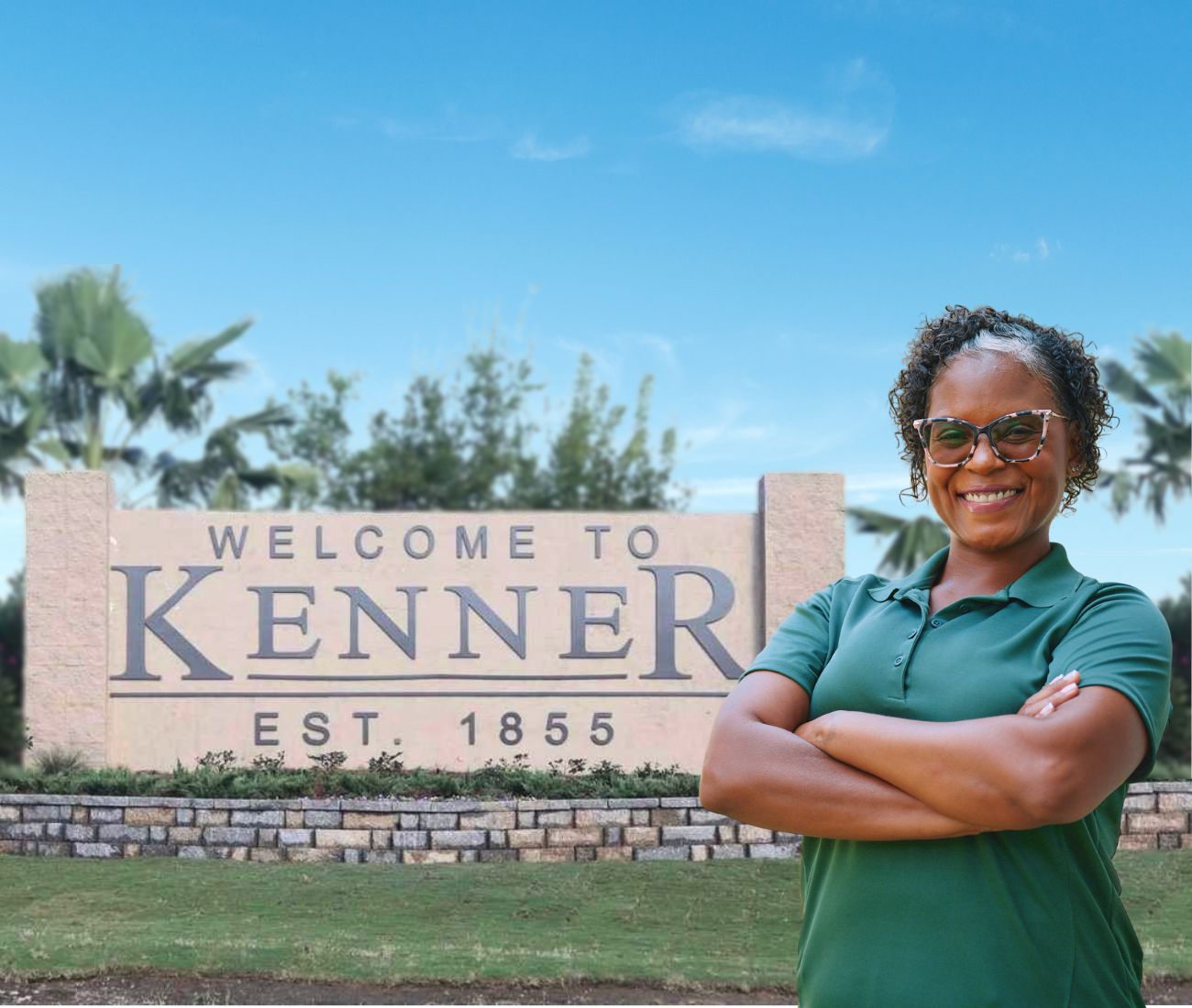 Home Instead caregiver with Kenner Louisiana in the background