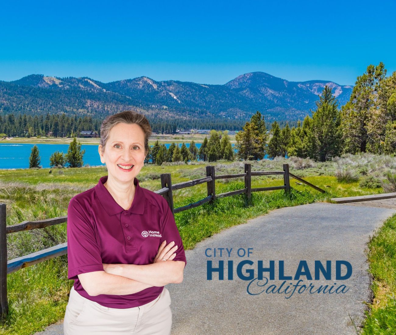 Home Instead caregiver with Highland California in the background