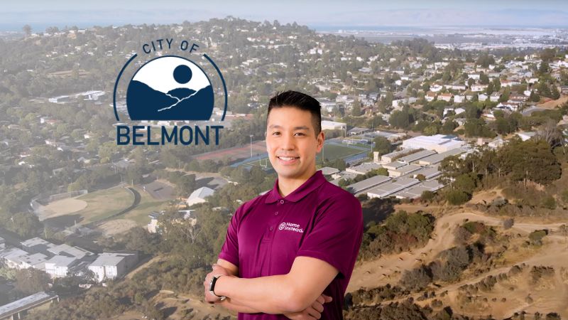 Home Instead caregiver with Belmont California in the background