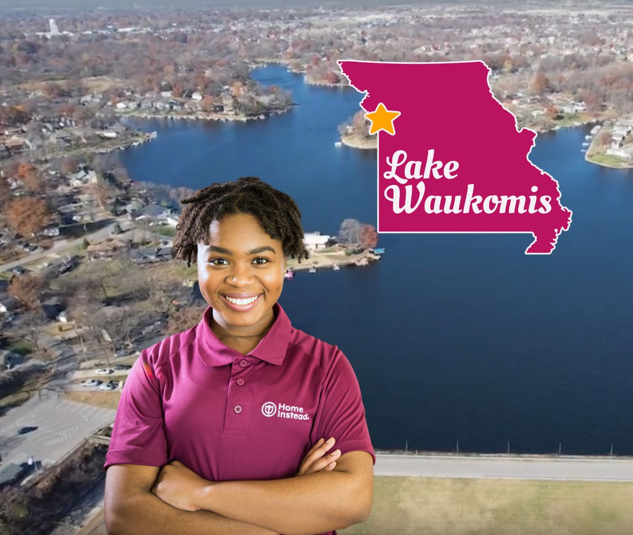 Home Instead caregiver with Lake Waukomis Missouri in the background