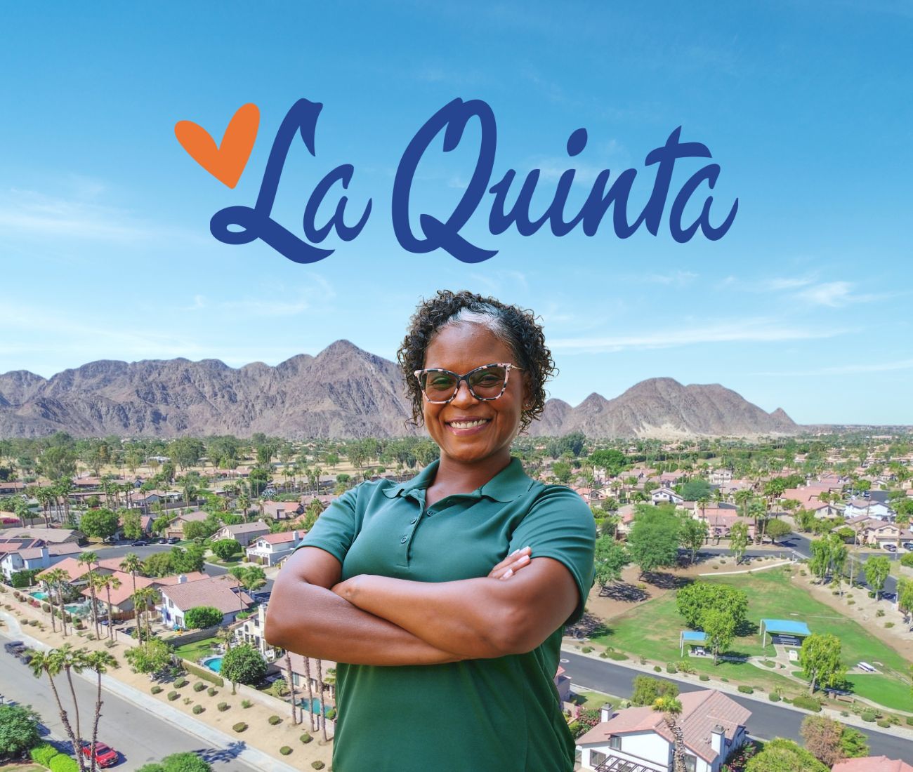 Home Instead caregiver with La Quinta, CA in the background