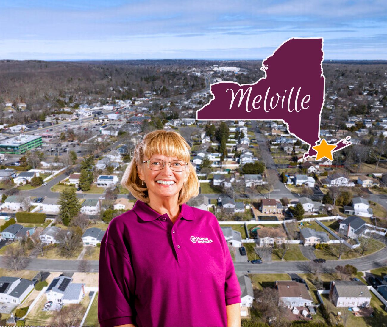 Home Instead caregiver with Melville, New York in the background